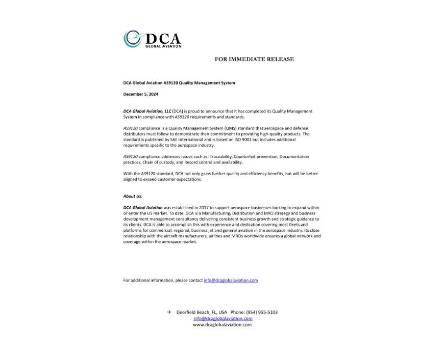 DCA Global Aviation AS9120 Quality Management System